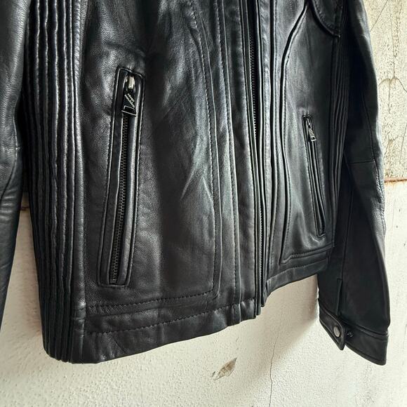 Steve Madden Leather Moto Jacket Black Genuine Leather Full Zip Cafe Racer Small - Picture 3 of 7